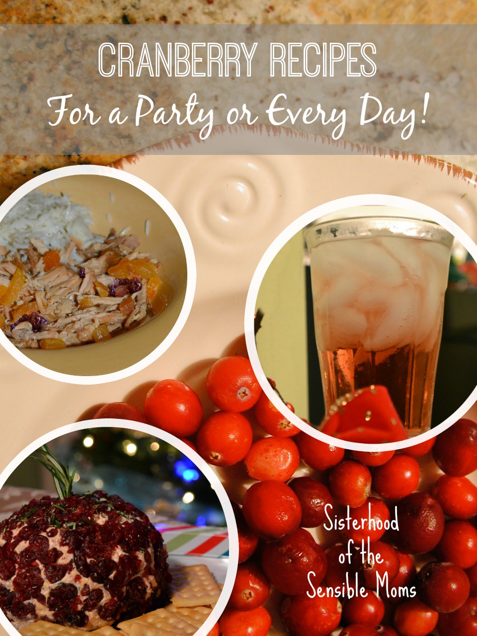 Cranberry recipes for a party or every day! Let's hear it for cranberry, that culinary trooper that is often an afterthought! Here's some cranberry recipes for drinks, appetizers, and main dishes that will bring it front and center! Sisterhood of the Sensible Moms